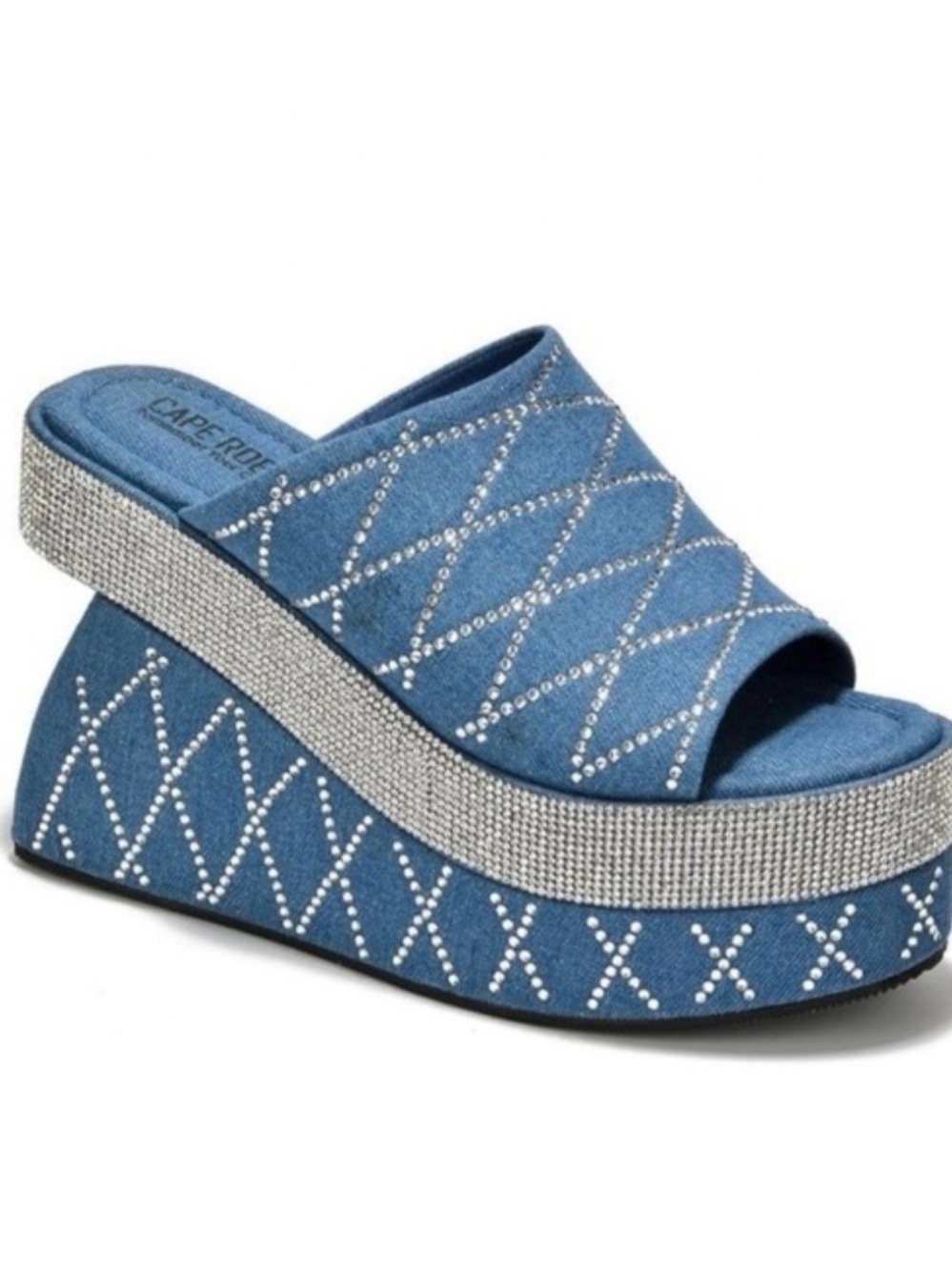 Cape Robbin Denim Rhinestone Platform Slide - Blue